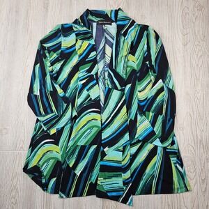 Travel Elements Black Blue Green Abstract Print Open Front Kimono Cardigan Top L